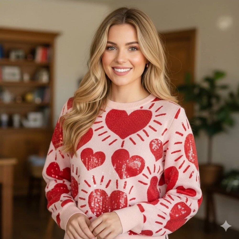 Marled Pink Red Heart Valentines Sequined Sweater Medium